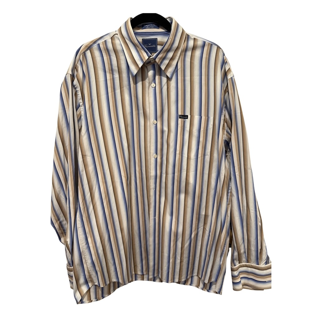 Facconable Mens Striped Long Sleeve Button Up 100%‎ Cotton Shirt Size XL